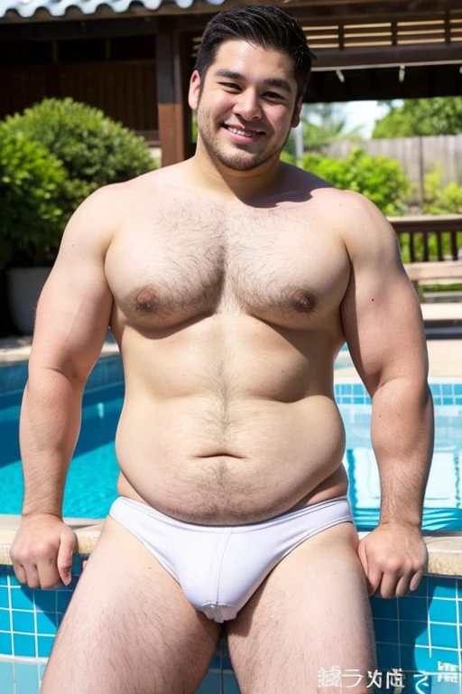 ((highest quality)), ((masterpiece)), (detailed), Perfect Face、Shaved head、Young Japanese、Muscular、Fat body、Big guy、smile、white small swimsuit、Emphasize the chest、Thick legs、Thick arms