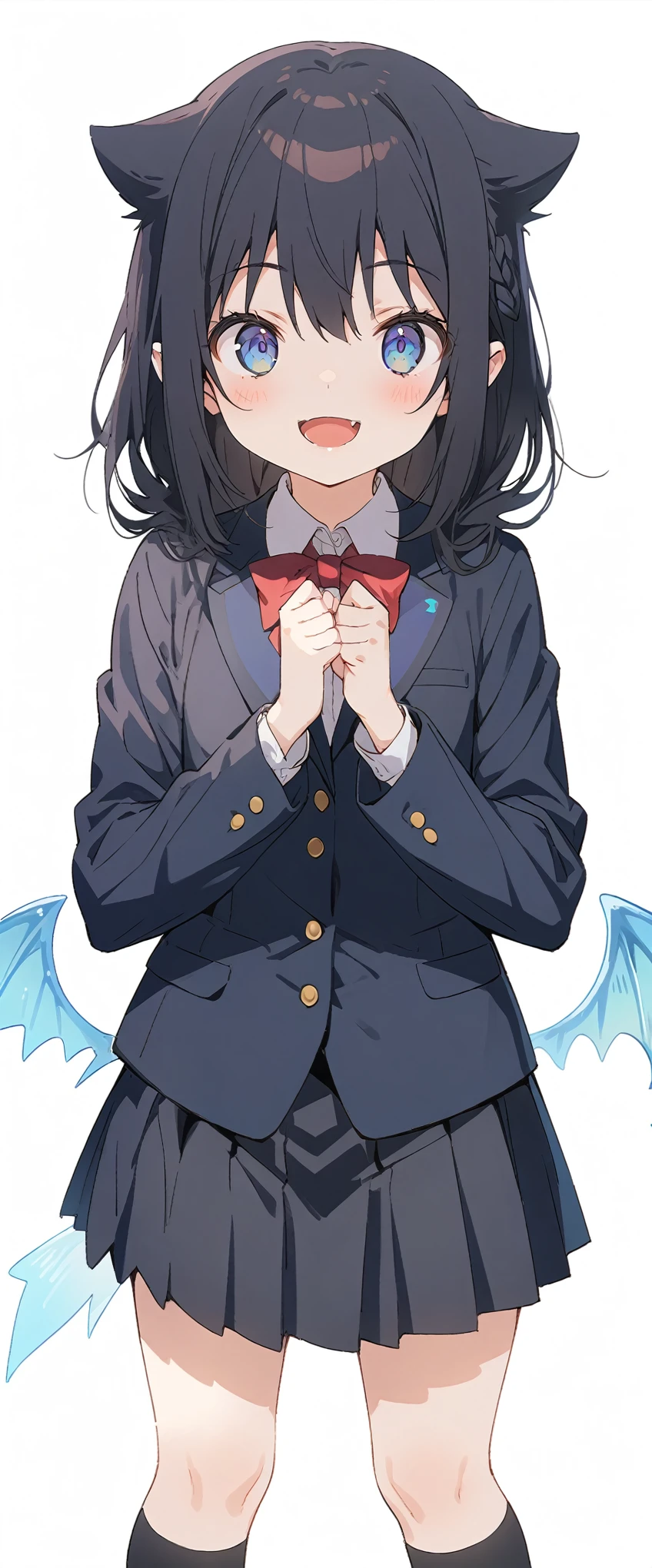 White background、Solid white background、Blank background、Ultra-high resolution, highest quality,Solo,just standing girl, One Girl、Full body view from the front、fish-bone braid hair、Fishbone Hair、black hair、arms behind back、Put your hands behind your back、Hide your hands、beautiful detailed eyes、Black hair × Blue eyes、blue eyes、Open mouth smiling、Flat Chest、Black long sleeve blazer,Black pleated skirt、Knee-high socks、loafers