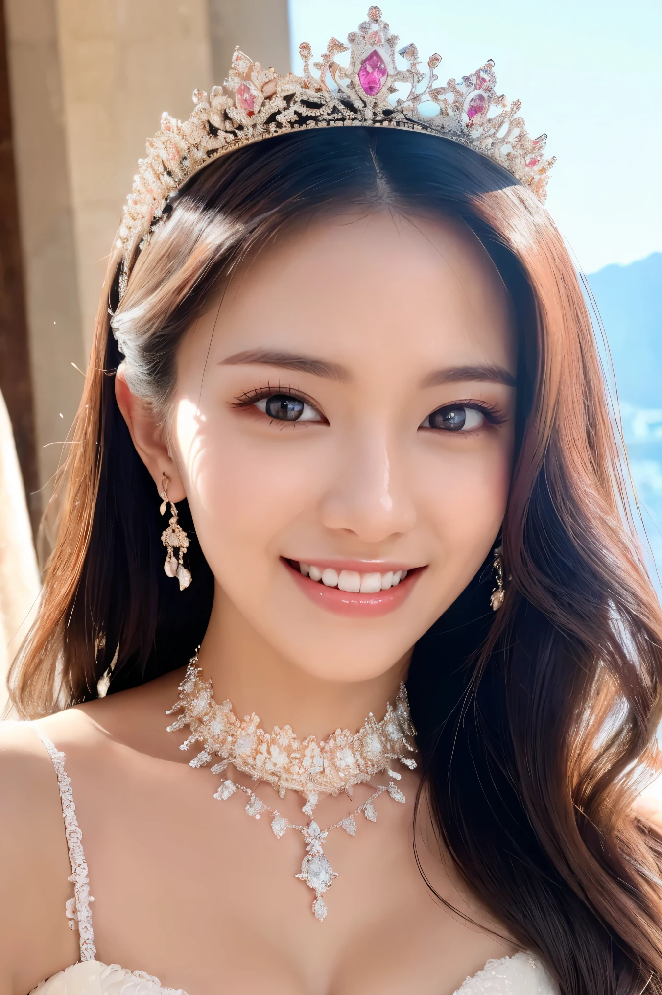 (highest quality、Tabletop、8k、Best image quality、Award-winning works)、One beautiful bride、(alone:1.1)、(The most extravagant and gorgeous huge wedding dresses:1.1)、(Perfect Wedding Lace:1.2)、(The most extravagant and luxurious giant tiara:1.1)、(The most extravagant and luxurious giant necklace:1.1)、The most beautiful smile is looking at me、A wide selection of the finest jewellery、(Bridal upper body photo:1.1)、Perfect Makeup、Long eyelashes、Ultra HD Shining Eyes、Ultra HD Hair、Ultra High Resolution Glossy Lips、Ultra High Resolution Perfect Teeth、Super high resolution beautiful face、(Accurate ???????:1.1)、(Very bright and beautiful skin:1.2)、(very bright and vivid:1.2)、(Luxury wedding venue background:1.1)
