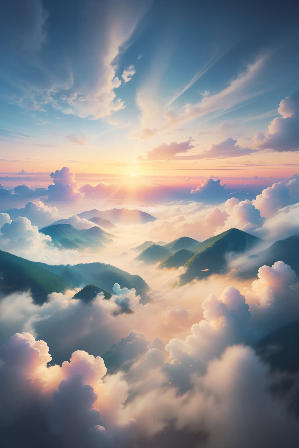 High-Resolution 4K Image:

An aerial view of a mystical and serene skyscape showcases a breathtaking display of beautiful, detailed clouds. The fluffy, ethereal clouds are a blend of pastel colors, creating an impression of dreamy tranquility. The magical sky presents a colorful and impressive artistic composition, as soft, delicate touches of light illuminate the clouds, casting a gentle glow that brings a sense of peace.

From the mysterious atmosphere above, a landscape of rolling hills and emerald forests reveals itself, suggesting a haven of enchantment. The peaceful and serene scene invites the viewer to indulge in the dreamlike composition and experience a moment of