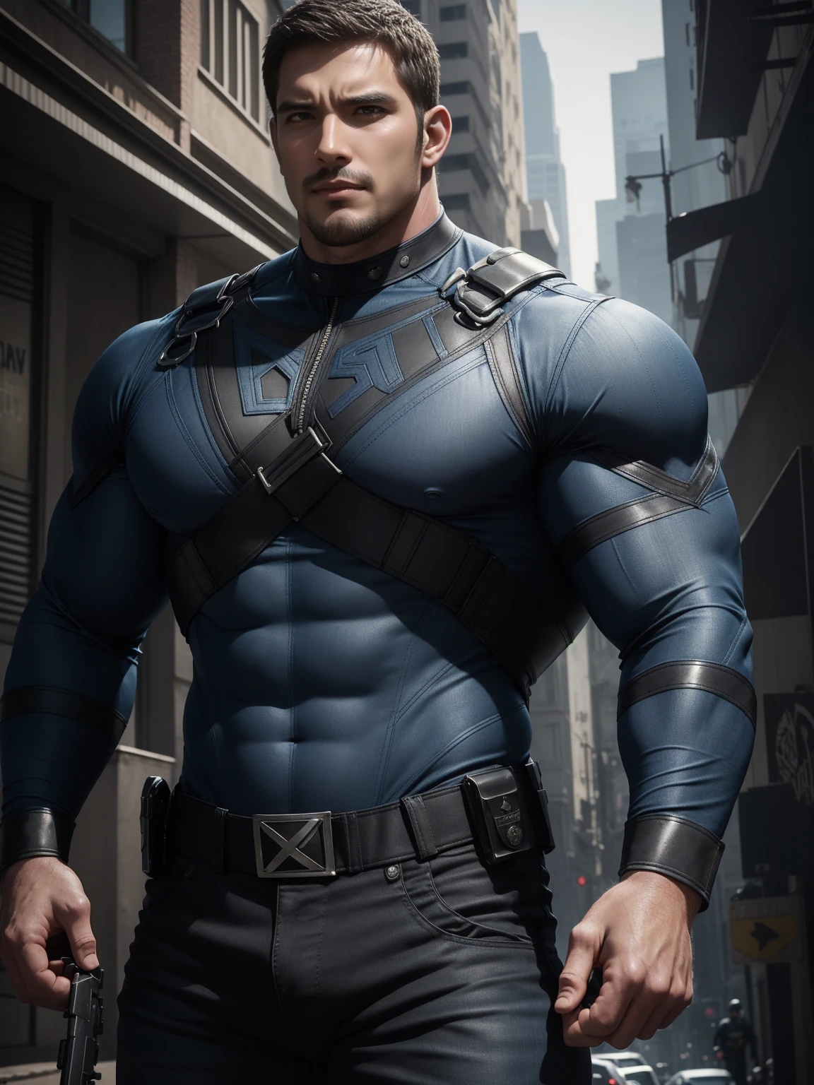 One Tall giant muscular police officer, Buzz Cut,On the old-style outdoor streets, Wear a long-sleeved dark blue superhero Black Panther bodysuit, Denim fabric texture,The expression is arrogant, Lift your chin, Messy hair, Thick thighs, High collar, long sleeves, dark blue superhero bodysuit, very tight, Regular symmetrical pattern, Highlight muscles, Police uniform pants, character concept(Resident Evil - Chris Redfield, Chris Redfield)A proud expression, Deep and charming eyes, Heroic male pose, tall Burly, muscular!muscular thighs, tough guy, perfect facial features, High, Burly, Heqiang, Super polished and cool, High Resolution Committee, Charismatic, The sun is blazing, dazzling