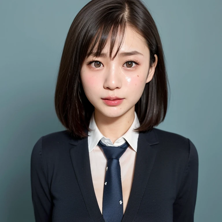 NSFW, (kawaii 24 year-old Japanese girl, Nogizaka idol, Korean idol), (glossy hair, very short hair, bangs:1.3), (beautiful black eyes, rounded face, single eyelid, no makeup:1.4), (embarrassed, noseblush, sex silly, orgasm, empty eyes:1.6), (cum to face, semen on the face, bukkake:1.8), (wearing suit jacket, collared shirt, necktie:1.3), (extra small breasts:0.9), BREAK, (simple blue background:1.3), (view from forward, bust shot:1.3), BREAK, (masterpiece, best quality, photo realistic, official art:1.4), (UHD, 8K quality wallpaper, high resolution, raw photo, golden ratio:1.3), (shiny skin), professional lighting, physically based rendering, award winning, (highly detailed skin, extremely detailed face and eyes), Carl Zeiss 85 mm F/1.4, depth of field, (1girl, solo:1.3),