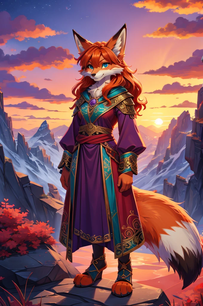 bright colors, fantasy style art, looking at viewer, facing viewer, beautiful anthropomorphic female fox, mature and young, tall character, 5 feet 11 inches tall, fluffy fox fur, furry fluffy skin, fox paws, fox feet, teal eyes, orange fur, long wavy bright orange hair, shapely body, skinny body, healthy body, purple and red warrior outfit, ornate red clothes, fancy purple patterns and symbols, 2 red dress coattails hanging down her sides, long draping red sleeves, long fluffy fox tail, standing on a mountainside, on the side of the mountain peak, sunset, brilliant cloudy sky, sunset lighting up the clouds, slightly smiling, heroic look, determined expression, high quality digital art, 2k, professional illustration, highly detailed