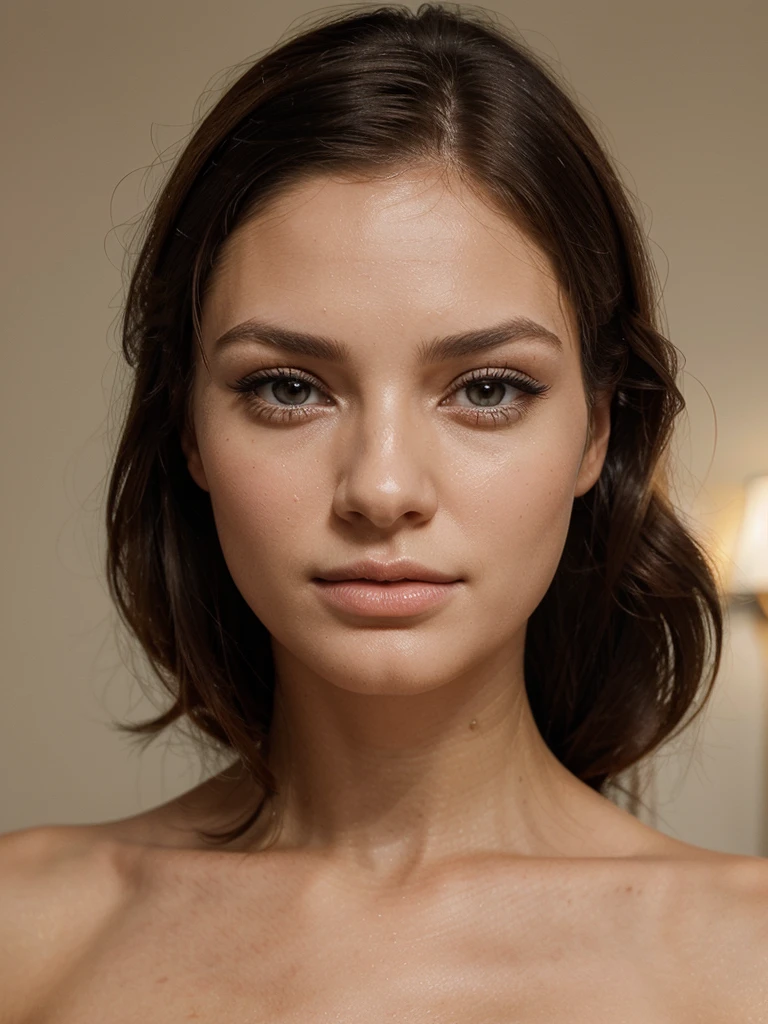 Generate an image of an ultra-realistic female face with the following characteristics: The woman is facing the camera, not wearing makeup, the eyelashes are short or not visible, the skin exhibits ultra-realistic textures, including pores and natural imperfections, the hair is styled so as not to cover the face or forehead, the lips are closed, with a serious expression, the woman has distinct and elegant facial features typical of a supermodel. The image should be a reference photo of a face and convey a sense of realism and natural beauty, highlighting the model's striking presence without the use of makeup or false eyelashes