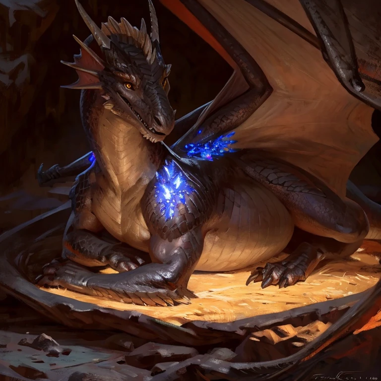 Detailed painting, by Taran Fiddler, solo, dragon, full body, feral, small dragoness, friendly, bronze scales, rounded snout, wings, pregnant, amber eyes, laying in fur lined nest, dark cave, glowing crystals on cave wall
