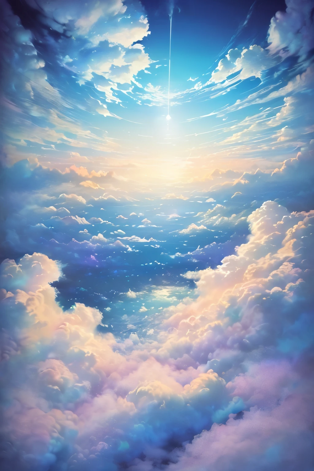 (beautiful detailed clouds,fluffy clouds,ethereal and dreamy,magical sky,colorful clouds,impressive art,great artistic composition,soft and delicate touch,pastel colors:1.1,aerial view,mysterious atmosphere,peaceful and serene,highres,realistic:1.37)