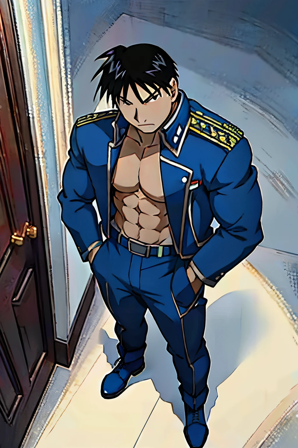 Roy Mustang from Full Metal Alchemist, bodybuilder, shirtless, seen from above, with their hands in their pockets