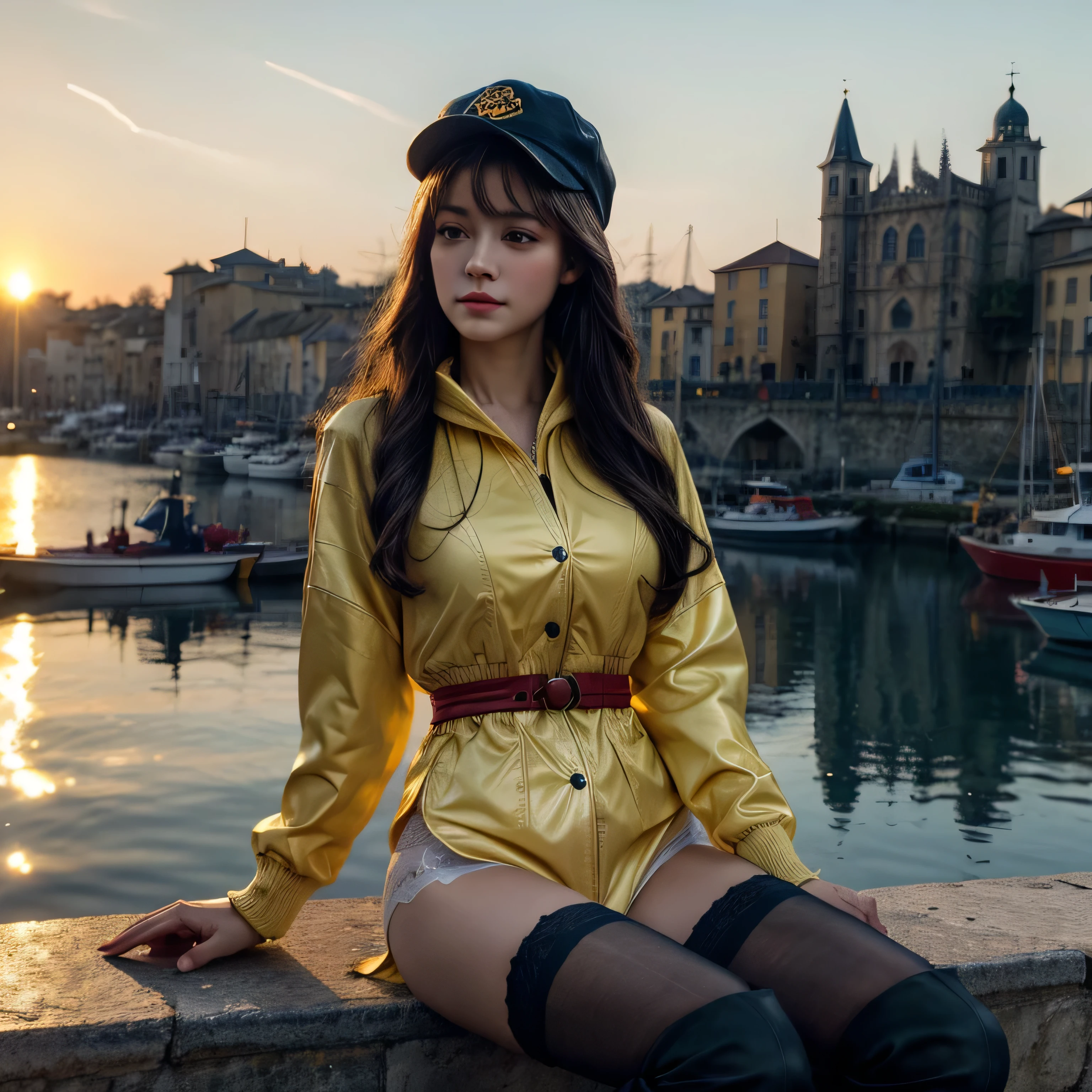 Medium shot, medium shot, depth of field, bust, upper body, cinematic angle, masterpiece, best quality, super detailed, CG, 8K wallpaper, pretty face, delicate eyes, a maiden, solo, white long hair, yellow eyes, hairpin, navy shirt, black hooded jacket, red baseball cap, black stockings, black over-the-knee boots, show her yellow panty cameltoe, sunset, medieval port, harbor, detailed water surface, sun reflection in winter