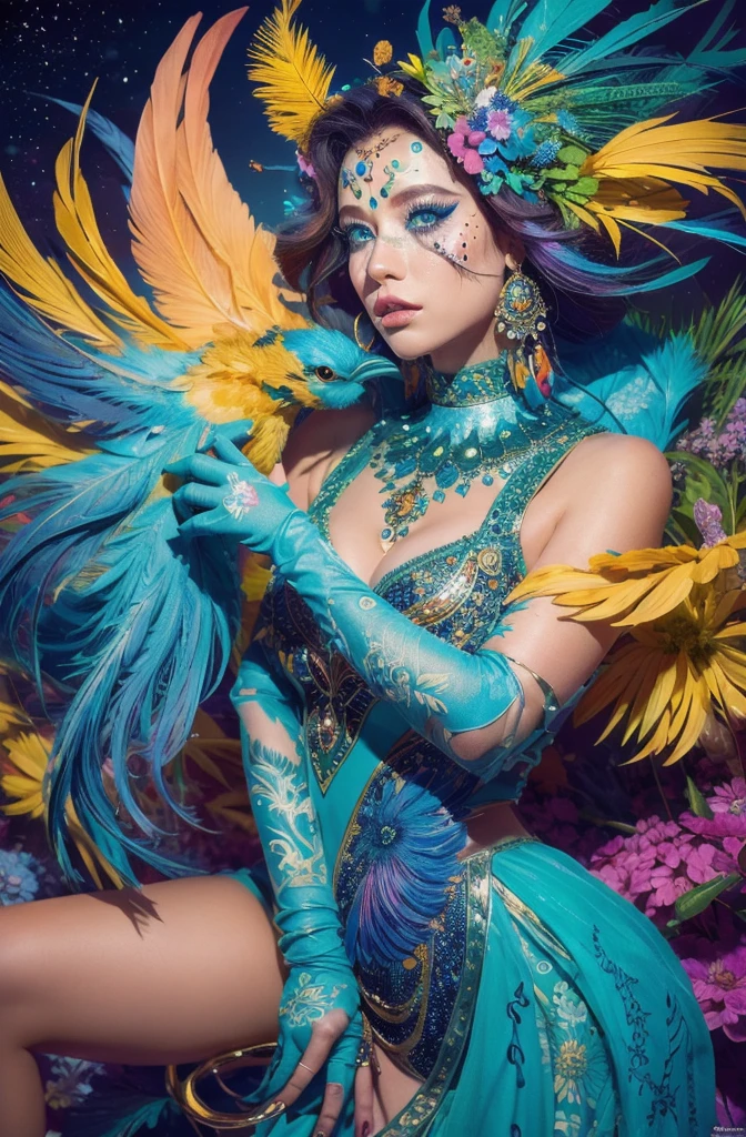 (official art, beautiful and aesthetic:1.2), (1girl:1.3),(fractal art:1.1),(colorful:1.1)(flowers:1.3),highest detailed,(zentangle:1.2), full body, (abstract background:1.3), (shiny skin), (many colors:1.4), ,(earrings), (feathers:1.5), no clothes, nsfw rated R