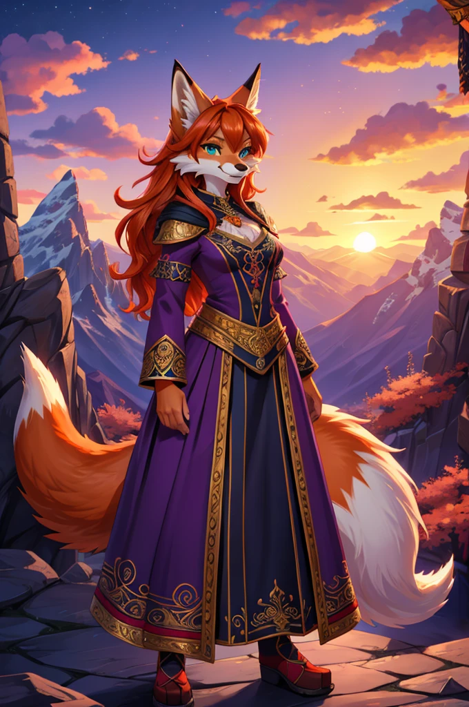 bright colors, fantasy style art, looking at viewer, facing viewer, beautiful anthropomorphic female fox, mature and young, tall character, 5 feet 11 inches tall, fluffy fox fur, furry fluffy skin, fox paws, fox feet, teal eyes, orange fur, long wavy bright orange hair, shapely body, skinny body, healthy body, purple and red warrior outfit, ornate red clothes, fancy purple patterns and symbols, 2 red dress coattails hanging down her sides, long draping red sleeves, long fluffy fox tail, standing on a mountainside, on the side of the mountain peak, sunset, brilliant cloudy sky, sunset lighting up the clouds, slightly smiling, toothy grin, sharp teeth barely showing, heroic look, determined expression, high quality digital art, 2k, professional illustration, highly detailed
