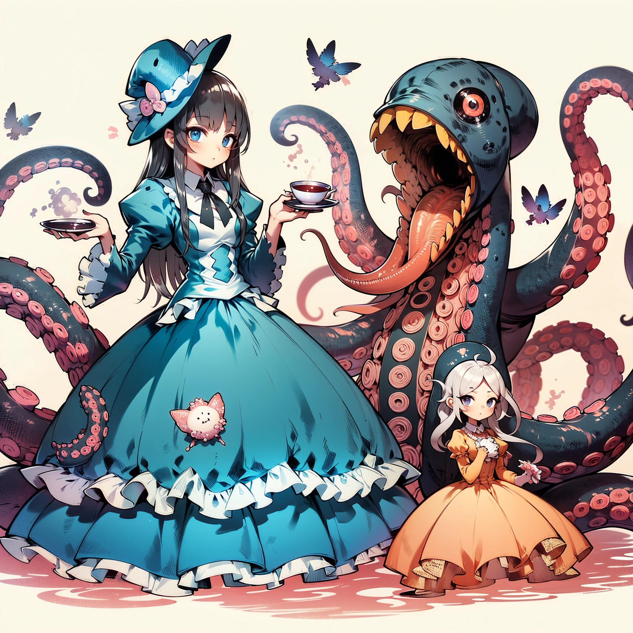 A girl with tentacles. dress. Tea party. tentacles have mouths.