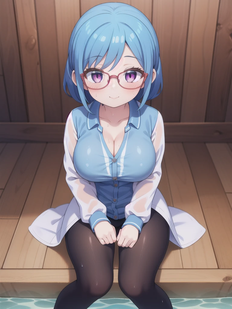 master-piece, bestquality, 1girls,, View viewers from the up, sit down, horny, HD, slight smile, big tits, cleavage, blue hair, tights cloth, shirt, heart shape pupille, horn, tiny body, wear glasses, wet