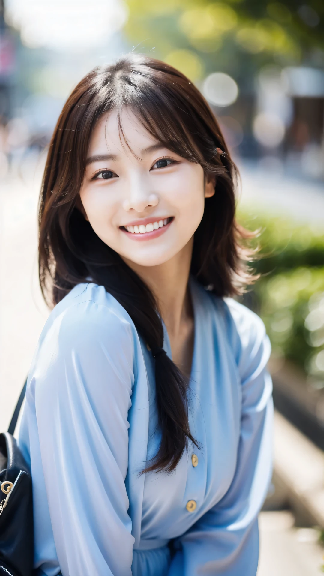 Cinematic Photo of a beautiful Korean fashion model smiling at viewer, bokeh background