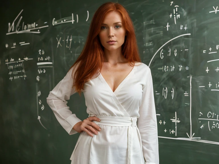 ((best quality, extremely detailed:1.8, hyperRéaliste:1.5, photorealistic:1.5, grande profondeur de champ, vue de face, redhead, rousse, ginger, very beautiful 30 year old woman in fitted tailored dress, devant un grand tableau noir, plan large, grande profondeur de champ, full-length photo, photo plein-pied )), ((femme debout habillée en blanc, she has a serious pose)),((Dans une salle de conférence une physicienne donne un cours, elle est devant un immense tableau noir où sont écrits beaucoup d'équations mathematics et beaucoup de schémas scientifiques, corps entier, le tableau recouvre tout le mur, chalk writing)), (un tableau avec de nombreux calculs mathematics différents, Mathematics and Geometry, mathematics, mathematical Equations, complex mathematical form, les mathematics unifient la science, Mathematical Equations in the background, Equations, mathematical art, formules, tableau noir, geometric figures, beautiful Equations, formules, Blackboard in the background, mathematics, geometric figures, The Big Bang Theory TV show), ((detailed woman face looking at camera, yeux vert, redhead, rousse, White clothes)), (photorealistic), sharp eyes, (elle porte une longue blouse blanche de chimiste décolletée), poitrine push-up, very thin waist, jambes longues, longues jambes, fine and detailed hands, detailed hairstyle, very long hair, White clothes, habits blanc, vêtue de blanc, femme de 30 ans charismatique, charisme, charismatique, sparkling eyes, (((full-length photo, photo plein-pied)))
