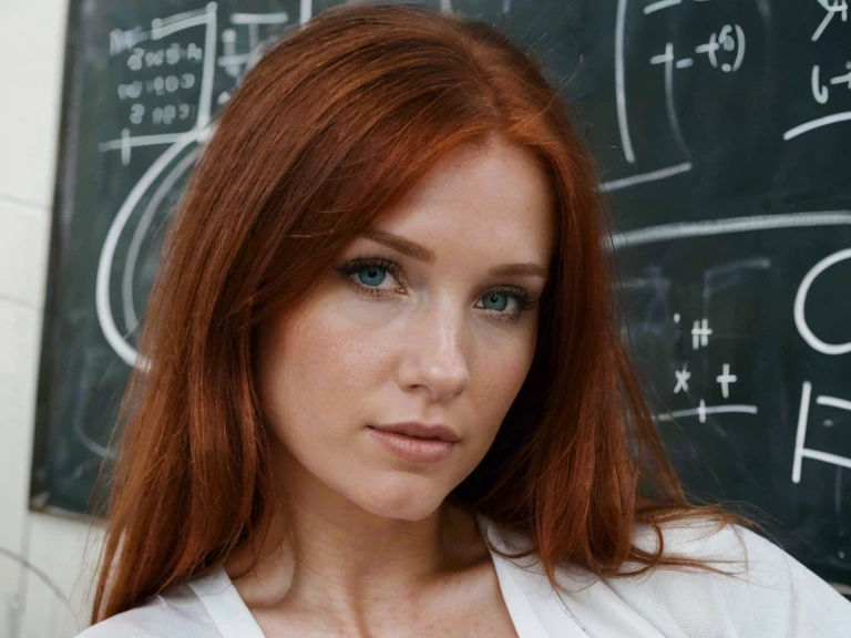 ((best quality, extremely detailed:1.8, hyperRéaliste:1.5, photorealistic:1.5, grande profondeur de champ, vue de face, redhead, rousse, ginger, very beautiful 30 year old woman in fitted tailored dress, devant un grand tableau noir, plan large, grande profondeur de champ, full-length photo, photo plein-pied )), ((femme debout habillée en blanc, she has a serious pose)),((Dans une salle de conférence une physicienne donne un cours, elle est devant un immense tableau noir où sont écrits beaucoup d'équations mathematics et beaucoup de schémas scientifiques, corps entier, le tableau recouvre tout le mur, chalk writing)), (un tableau avec de nombreux calculs mathematics différents, Mathematics and Geometry, mathematics, mathematical Equations, complex mathematical form, les mathematics unifient la science, Mathematical Equations in the background, Equations, mathematical art, formules, tableau noir, geometric figures, beautiful Equations, formules, Blackboard in the background, mathematics, geometric figures, The Big Bang Theory TV show),  ((detailed woman face looking at camera, yeux vert, redhead, rousse, White clothes)), (photorealistic), sharp eyes, (elle porte une longue blouse blanche de chimiste décolletée), poitrine push-up, very thin waist, jambes longues, longues jambes,  fine and detailed hands, detailed hairstyle, very long hair, White clothes, habits blanc, vêtue de blanc, femme de 30 ans charismatique, charisme, charismatique, sparkling eyes, (((full-length photo, photo plein-pied)))