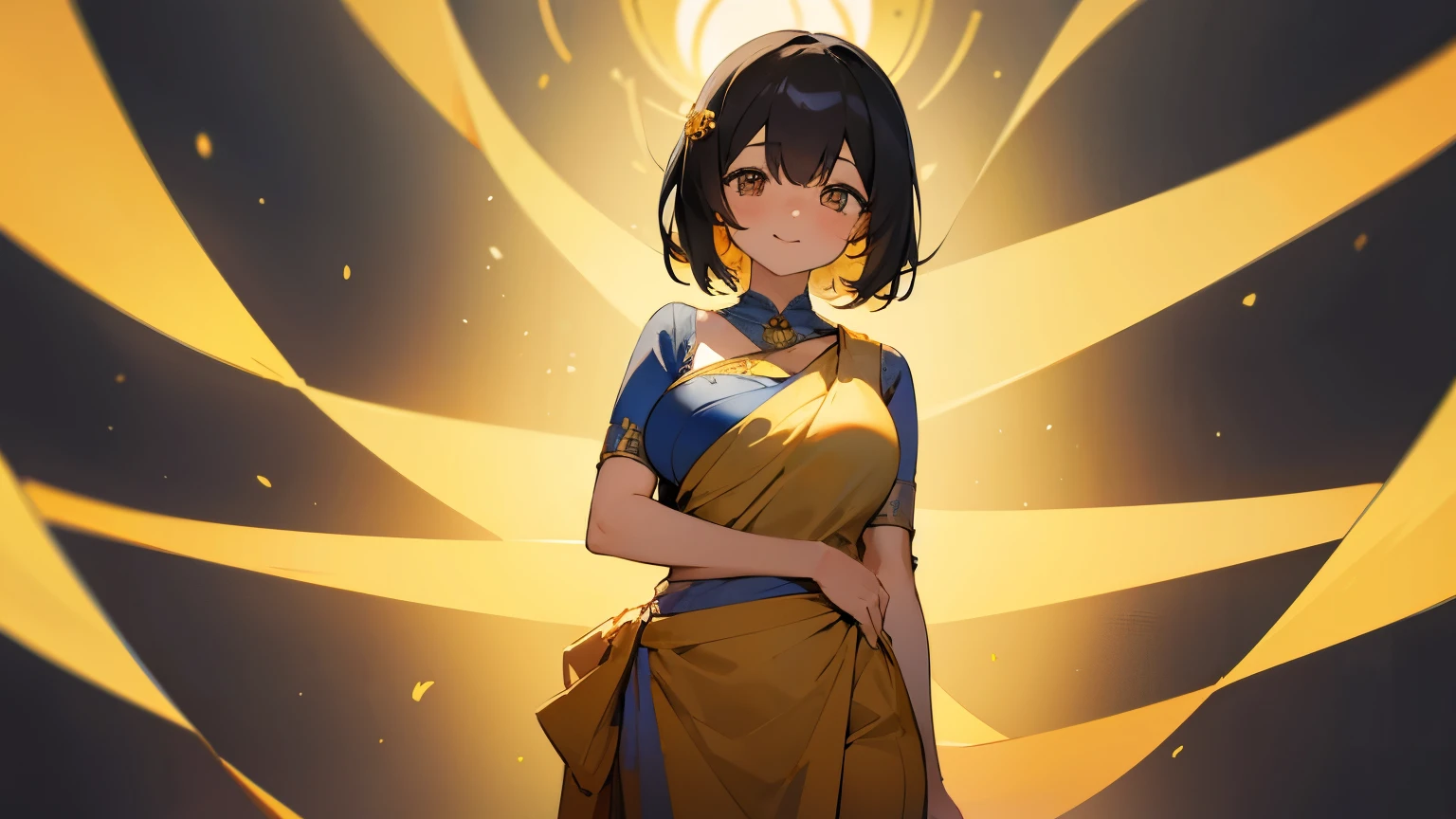 Cute girl having egg eyes and big sudective having cute smile on face standing in saree, standing straight tied hands at back looking in cute way, having big breasts