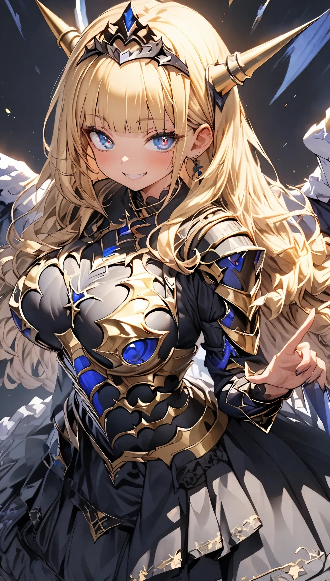 masterpiece, best quality, extremely detailed, high resolution, Japanese anime,1girl, blonde hair, (medium length hair:1.4), (blunt bangs:1.5), side braid hair, wavy hair, curl outward hair, (huge breast:1.2), (mechanical horn:1.5), mechanical wing, (blue eyes:1.5), (beautiful detailed eyes:1.4), laugh, wink, 130cm tall, original character, fantasy, (black background:1.2), (full body:1.1), beautiful fingers, standing, (Blue gold  lace frill Gothic armor dress:1.5), (tiara:1.5) , sho ot from front, looking at viewer