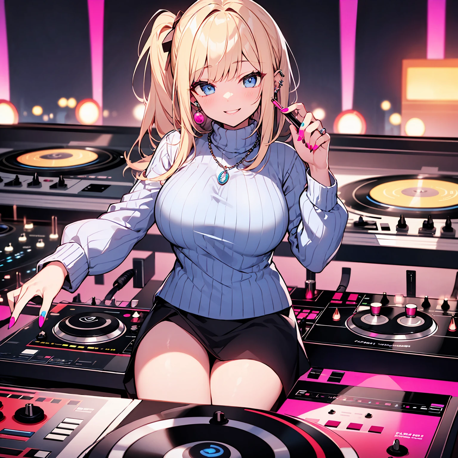 highest quality、4k、masterpiece、Blonde long ponytail、Slanted Eyes、blue eyes、Gal、Pink Sweater、topless、Sapphire Necklace、Have many ear piercings、Pink Lips、Heavy makeup、Big Breasts、Short skirt、Knee-high boots、DJing live、DJ Turntable、synthesizer、mixer、Lots of neon、Ruthless smile、Red nails