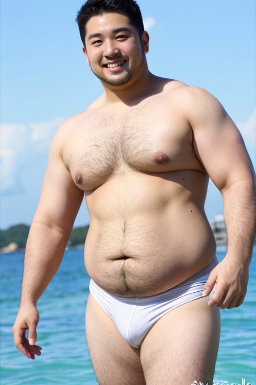 ((highest quality)), ((masterpiece)), (detailed), Perfect Face、Shaved head、Young Japanese、Muscular、Fat body、Big guy、smile、white small swimsuit、Emphasize the chest、Thick legs、Thick arms