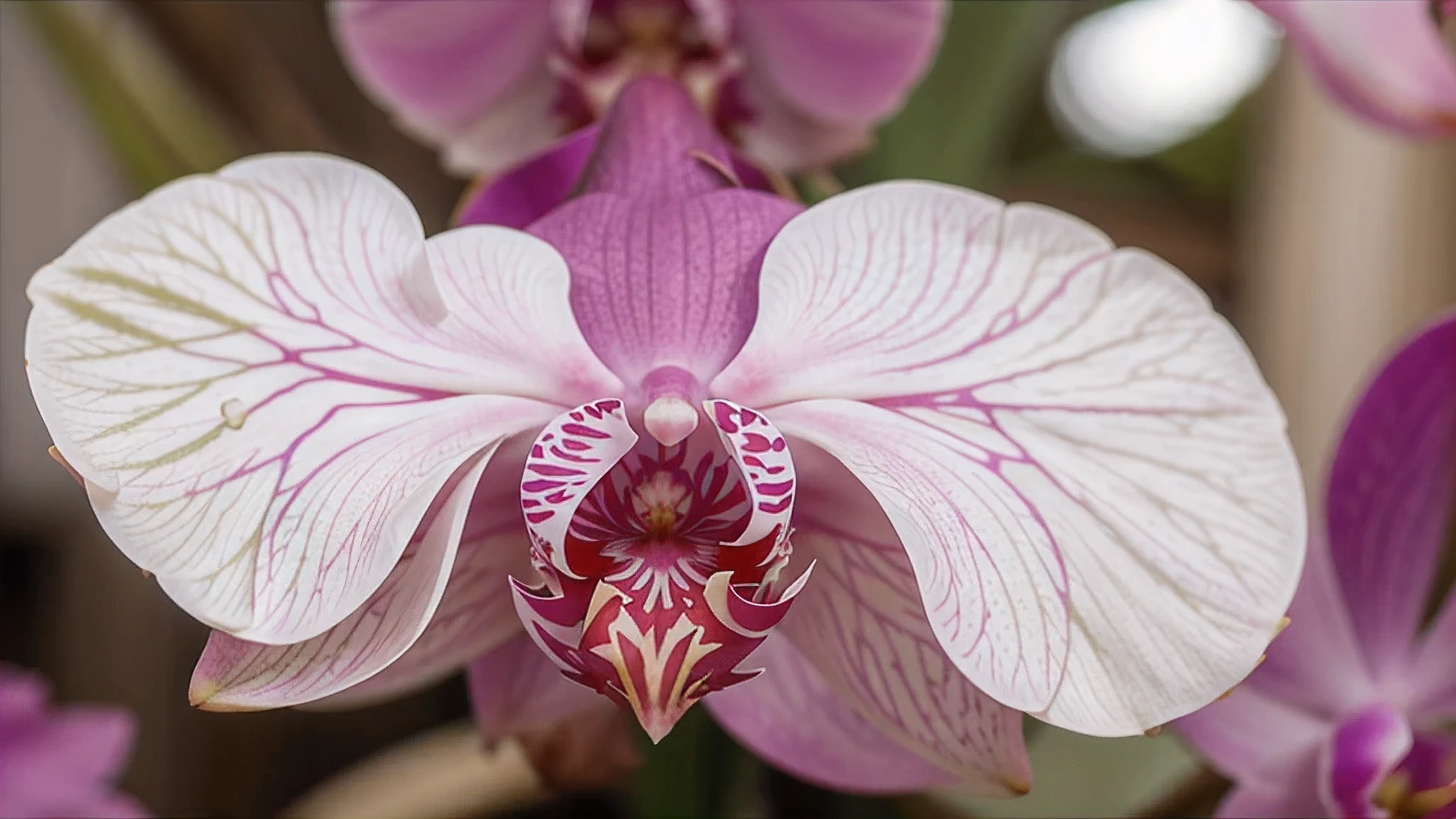 Create an exquisite macro image of an orchid flower. Zoom in on the flower's center to showcase its unique patterns and vivid colors, such as purples, pinks, and whites. Highlight the intricate textures and delicate veins of the petals, along with the central column and lip of the orchid. The background should be a soft, bokeh effect of greens and other natural colors, ensuring that the vibrant details of the orchid stand out prominently. The image should convey the exotic and intricate beauty of the orchid.