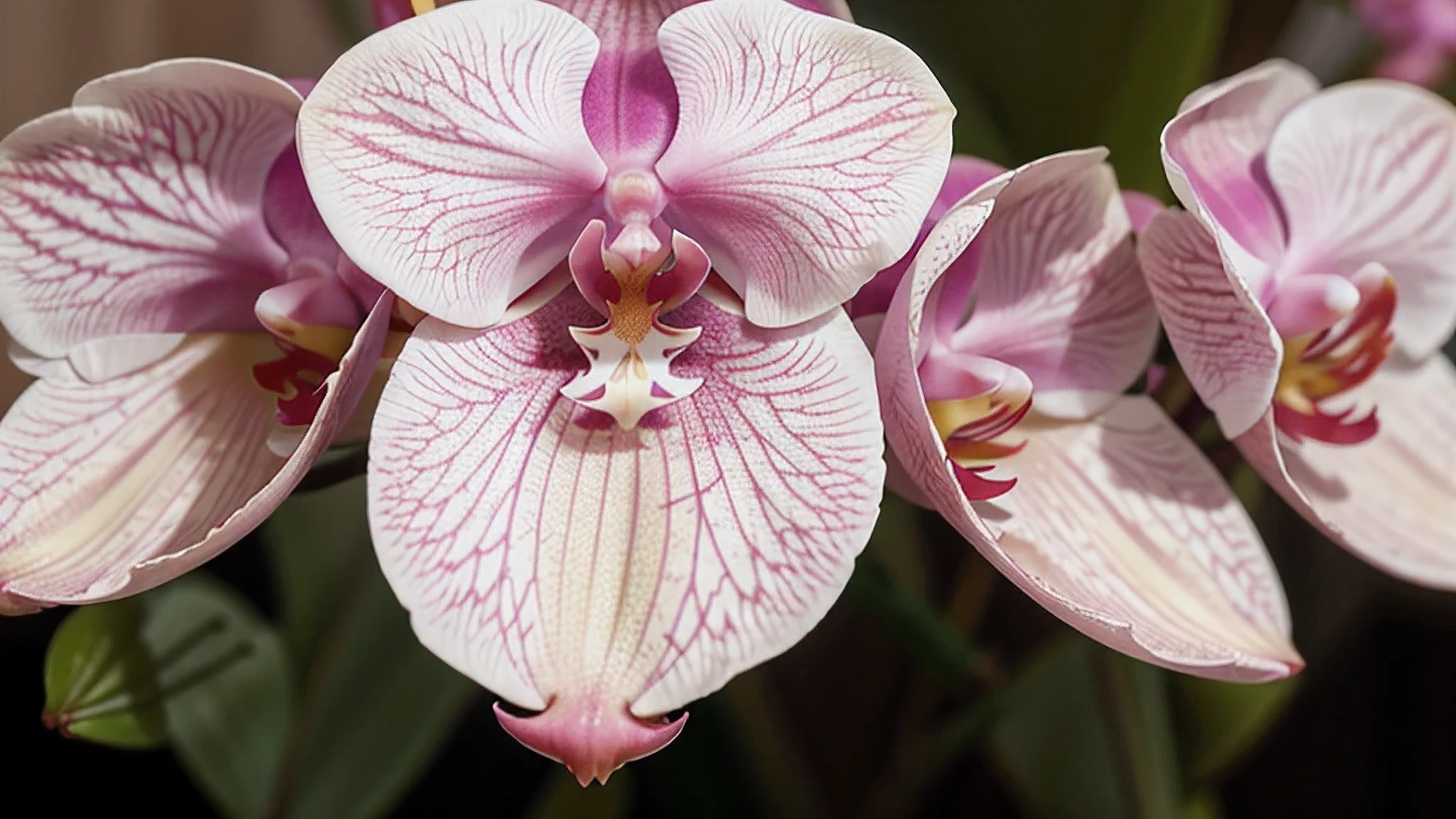 Create an exquisite macro image of an orchid flower. Zoom in on the flower's center to showcase its unique patterns and vivid colors, such as purples, pinks, and whites. Highlight the intricate textures and delicate veins of the petals, along with the central column and lip of the orchid. The background should be a soft, bokeh effect of greens and other natural colors, ensuring that the vibrant details of the orchid stand out prominently. The image should convey the exotic and intricate beauty of the orchid.