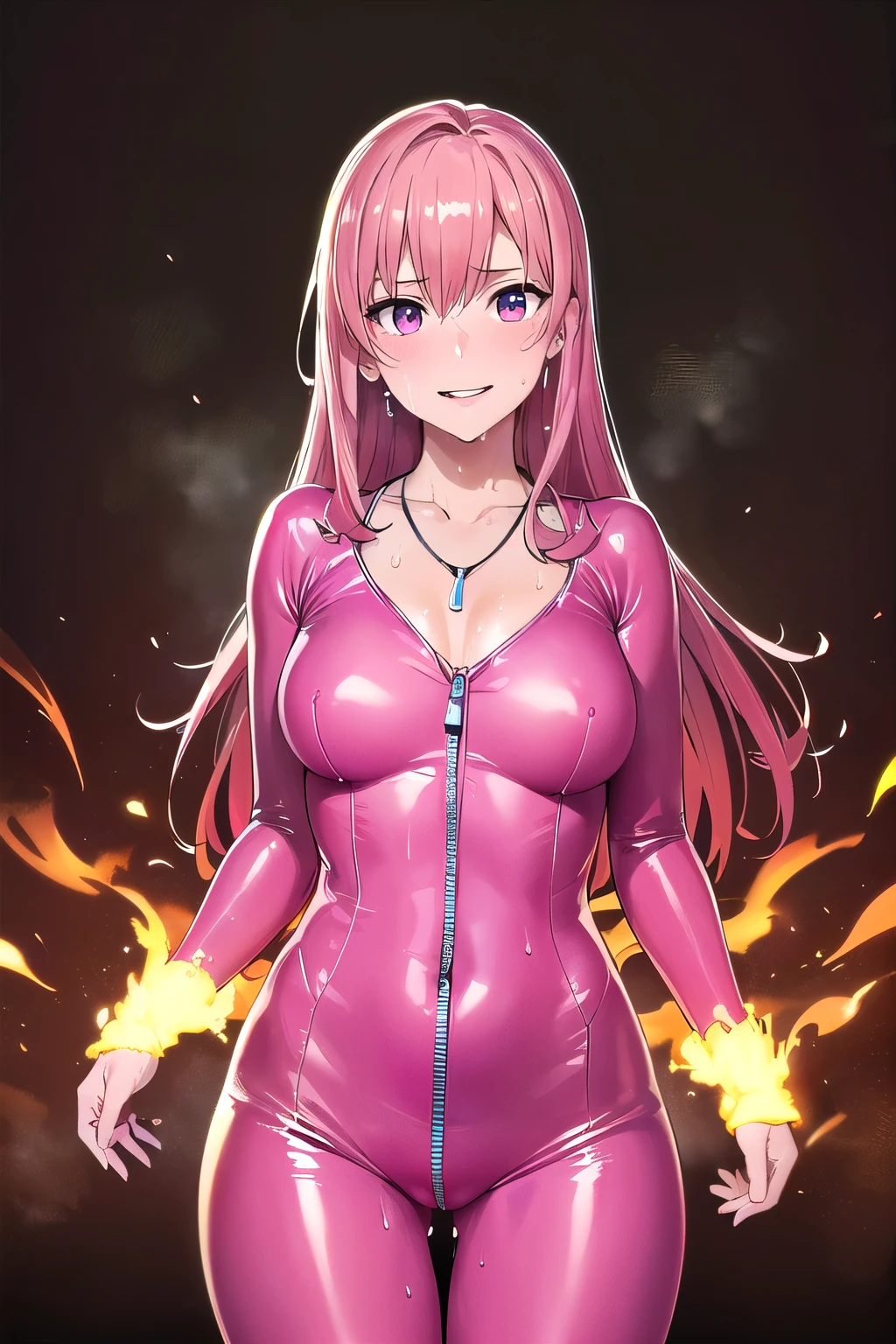 (8K, top-quality, masterpiece:1.2), (reallistic, Photorealsitic:1.37), Super Detail, One girl,), (Highly detailed), (beautifully detailed eyes), (of the highest quality), (super detailed ), (masterpiece), (Detailed face),20yr old, ,1 girl, ((pink hair,long hair)), medium breasts, clothed, Perfect Lighting, BREAK, (bright pink catsuit:1.5), (glossy:1.3), (tight:1.3), (second skin:1.3), (zipper details:1.2), (sheer black:1.2), (statement earrings:1.1), (orange necklace:1.1), (strappy heels:1.1), BRAKE, (upper body to thighs:1.3), (flowing pink hair:1.3), (smile:1.3), (looking at viewer:1.2), (one hand on waist:1.2), (dark mystical background:1.3), (orange flames:1.2), (dramatic lighting:1.2), BREAK (sweat:1.5), (steam:1.2), (girl trembling with sexual climax:1.1), (looking at viewer:1.3),