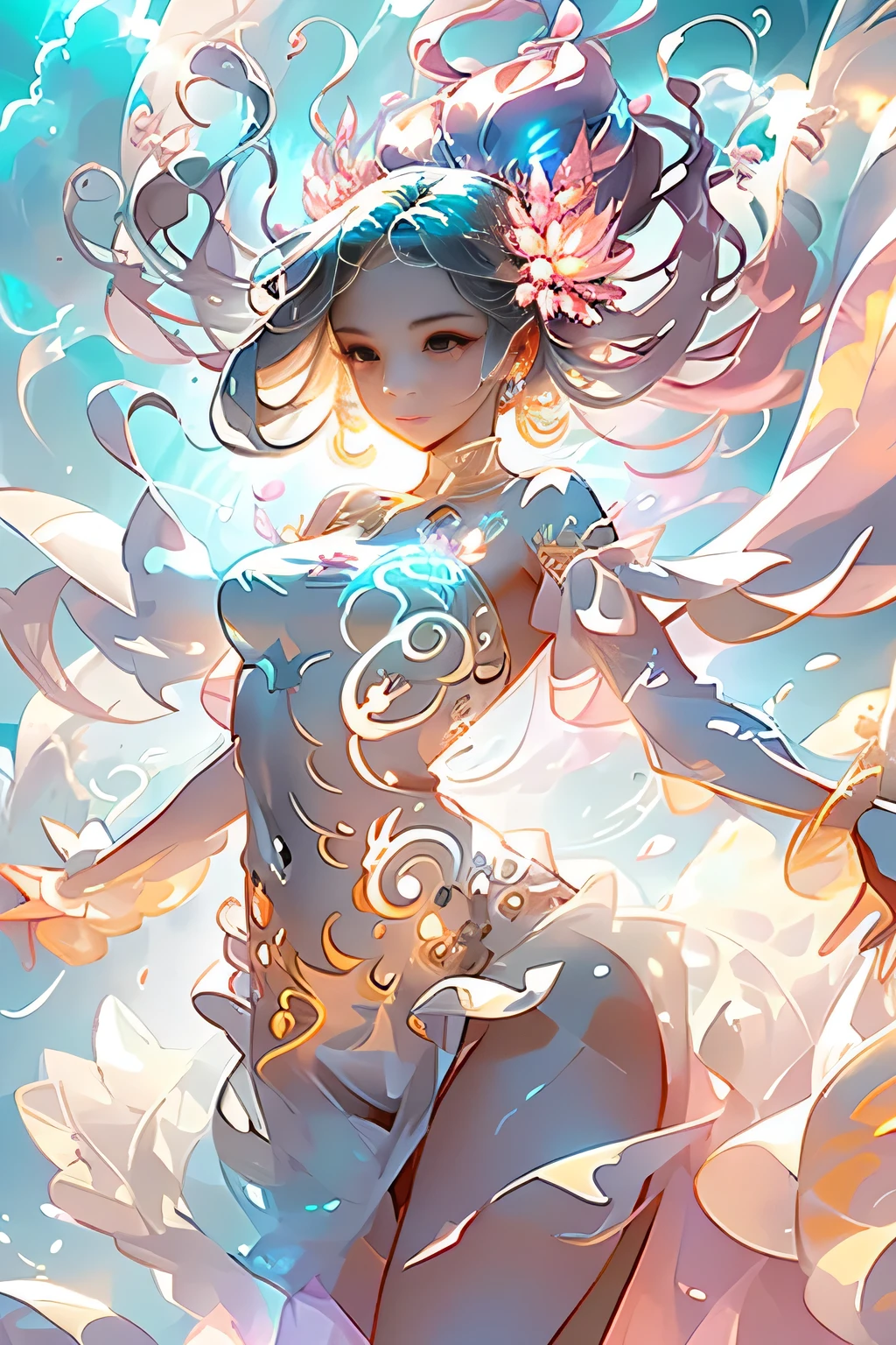 4K 16:9 Image Prompt: Celestial Dance

In this breathtaking image, a divine naked woman, ethereal and radiant, dances gracefully among billowy clouds. The woman, composed entirely of clouds, floats effortlessly, her ephemeral form constantly shifting, morphing, and swirling in a mesmerizing dance of light and form. Her movement leaves a lasting impression on the playful clouds that surround her, casting wispy shadows across the sky.

As the light filters through the woman, it illuminates the clouds, bathing them in hues of soft pinks, blues, and golds. The woman's body is made up