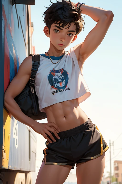 Teen boy ************, boy wears a crop top and too very short shorts,