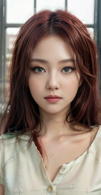 there is a woman with red hair and green eyes posing for a picture, kawaii realistic portrait, anime realism style, detailed portrait of anime girl, stunning anime face portrait, realistic anime artstyle, realistic anime 3 d style, realistic artstyle, artwork in the style of guweiz, realistic anime art style, realistic young anime girl, beautiful anime portrait