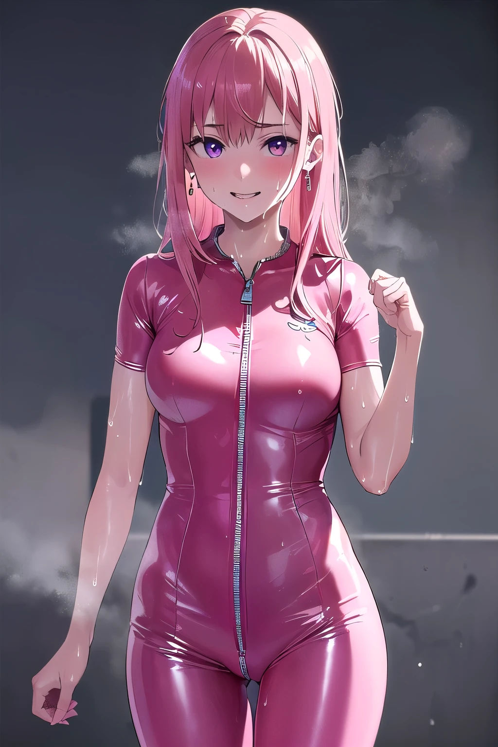 (8K, top-quality, masterpiece:1.2), (reallistic, Photorealsitic:1.37), Super Detail, One girl,), (Highly detailed), (beautifully detailed eyes), (of the highest quality), (super detailed ), (masterpiece), (Detailed face),20yr old, ,1 girl, ((pink hair,long hair)), medium breasts, clothed, Perfect Lighting, BREAK, (bright pink catsuit:1.5), (glossy:1.3), (tight:1.3), (second skin:1.3), (zipper details:1.2), (sheer black:1.2), (statement earrings:1.1), (orange necklace:1.1), (strappy heels:1.1), BRAKE, (upper body to thighs:1.3), (flowing pink hair:1.3), (smile:1.3), (looking at viewer:1.2), (one hand on waist:1.2), (dark mystical background:1.3), (dramatic lighting:1.2), BREAK (sweat:1.5), (steam:1.2), (girl trembling with sexual climax:1.1), (looking at viewer:1.3),