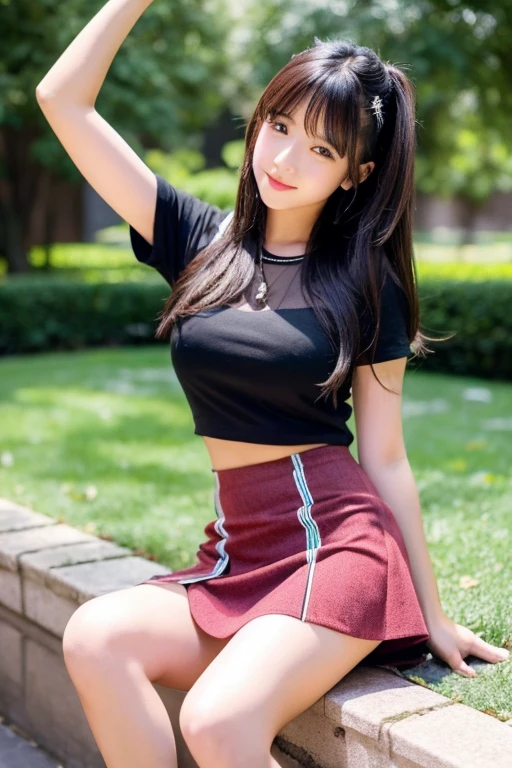 the Extremely Detailed CG Unity 8K Wallpapers、top-quality、ultra-detailliert、masterpiece、realisitic、Photo Real、extremely detailed cute girl、20yr old、((skirt lift by yourself)))、(Lifted by yourself)、panties on、panties focus、red blush、((open legs)), cparted lips、looking at the camera、Semi-body shot、(in a mountain)、(((Show your pubic area saddly )