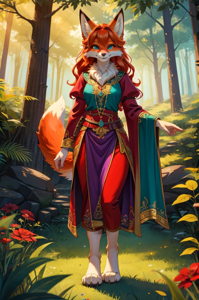 bright colors, fantasy style art, looking at viewer, facing viewer, beautiful anthropomorphic female fox, mature and young, tall character, 5 feet 11 inches tall, fluffy fox fur, furry fluffy skin, fox paws, fox feet, teal eyes, orange fur, long wavy bright orange hair, shapely body, skinny body, healthy body, purple and red warrior outfit, ornate red clothes, fancy purple patterns and symbols, 2 red dress coattails hanging down her sides, long draping red sleeves, long fluffy fox tail, in a lush fantasy forest, green trees, thick forest, sunlight coming through the trees, smiling happily, excited expression, wide eyes, large smile, happy to see viewer, high quality digital art, 2k, professional illustration, highly detailed