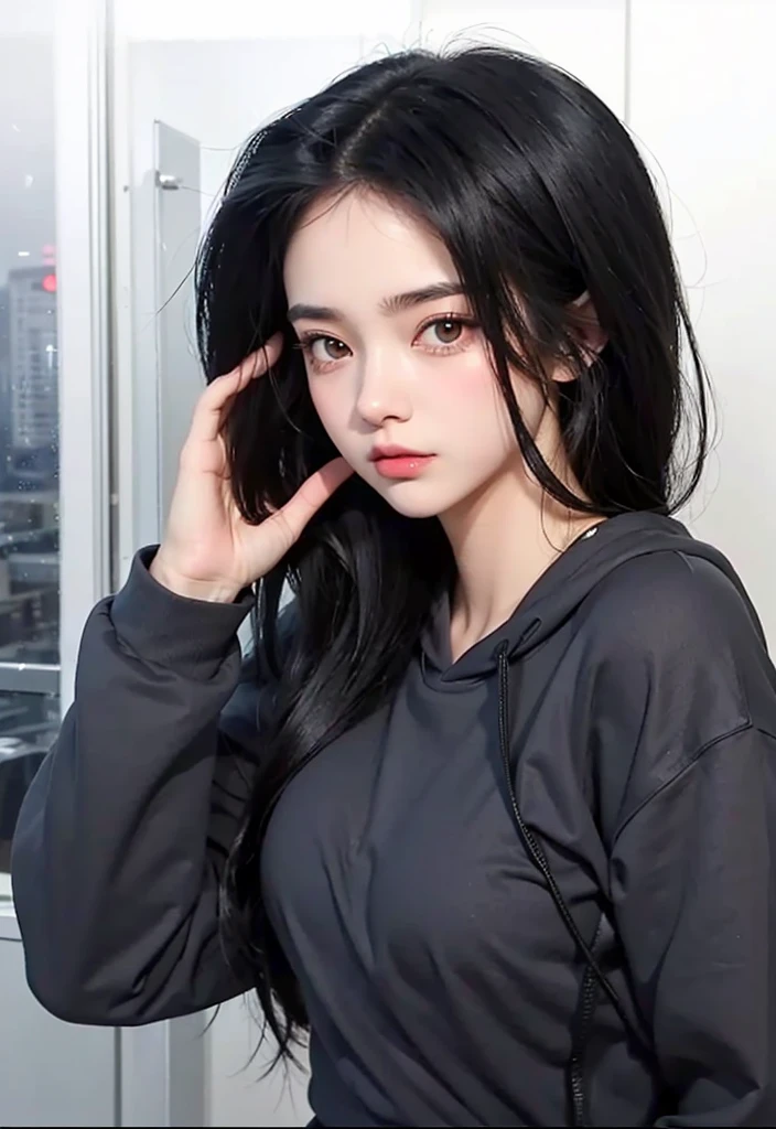 a beautiful girl with long black hair and a blue shirt, she has a distant expression, black haired girl wearing hoodie, urban girl fanart, she has black hair, in the art style of bowater, high quality fanart, & anxious expression, Lips kissed, Brows furrowed, blushing expression