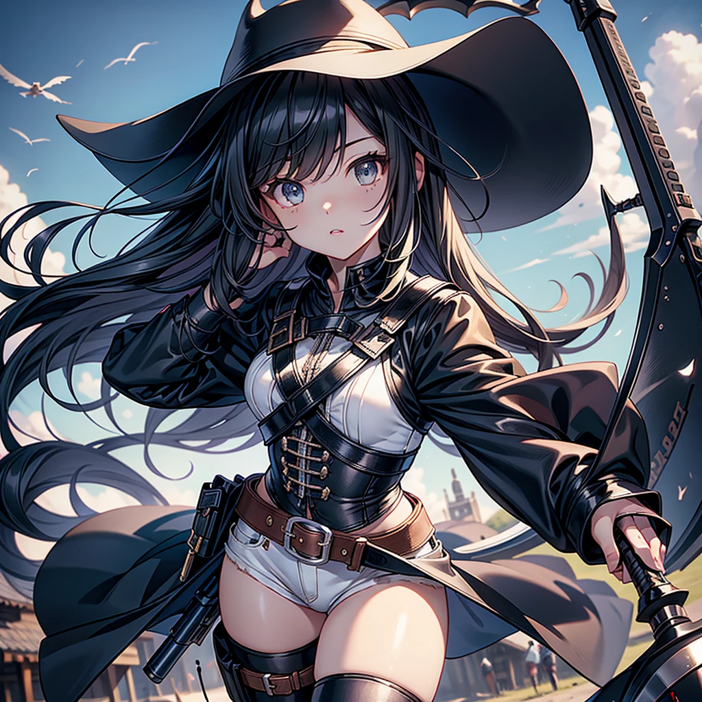 highest quality、Masterpiece、Official Art、The best composition、Western Hat、Western Boots、White bustier、hot pants、Gun hanging from waist、Wind、deep focus,absurdres、detailed eyes and face、minaba hideo、 Grim Reaper's Scythe、Future flying vehicles、