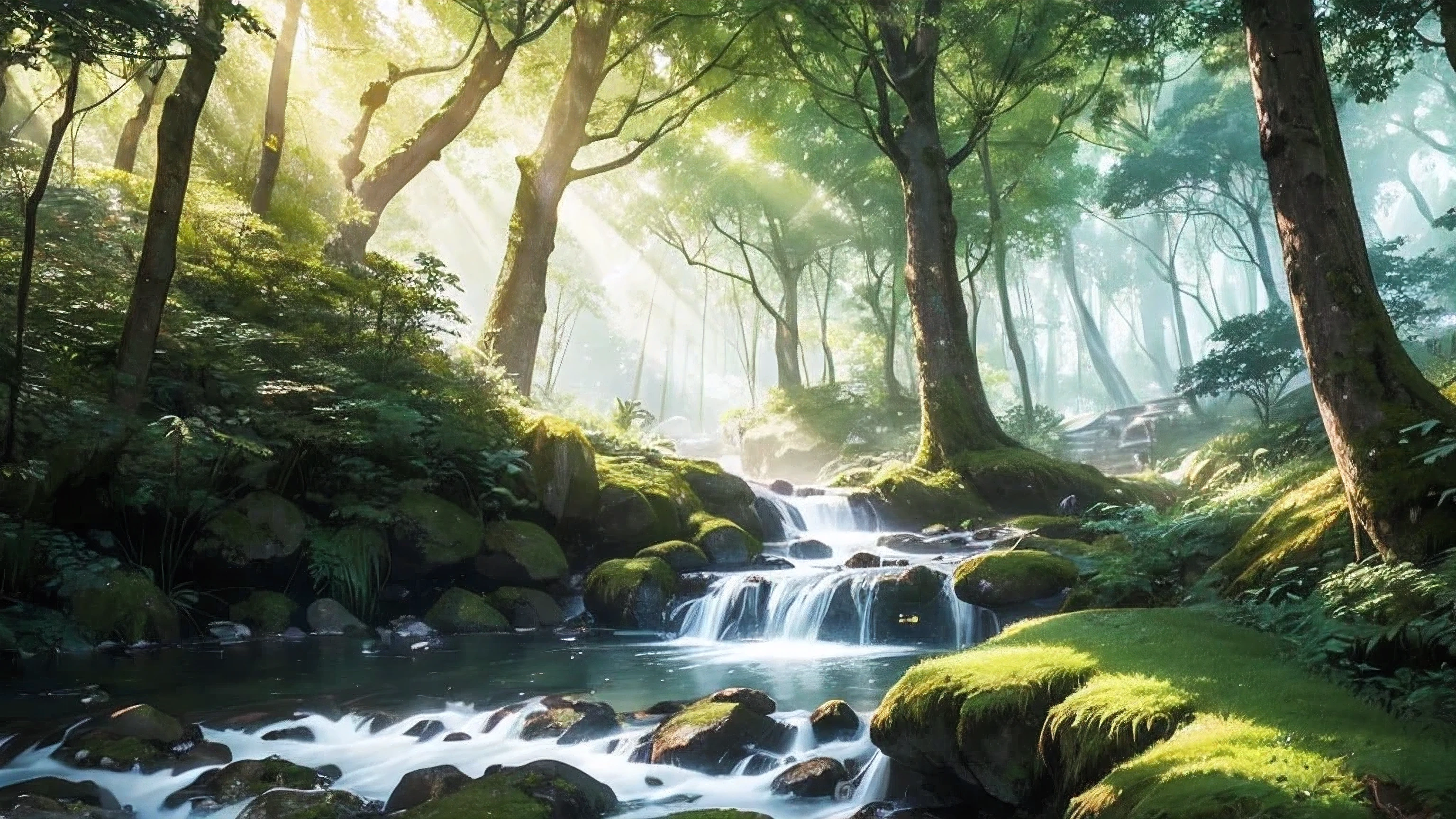 Generate an anime-style scene of an enchanted forest at sunrise. The forest should be lush and green, with tall, ancient trees whose branches form a dense canopy overhead. Rays of golden sunlight should pierce through the leaves, creating dappled light patterns on the forest floor. Include vibrant, colorful flowers and magical creatures like fairies or forest spirits peeking from behind trees or floating in the air. A winding, clear stream should flow through the scene, with sparkling water that reflects the morning light. The overall atmosphere should be serene, magical, and full of wonder.