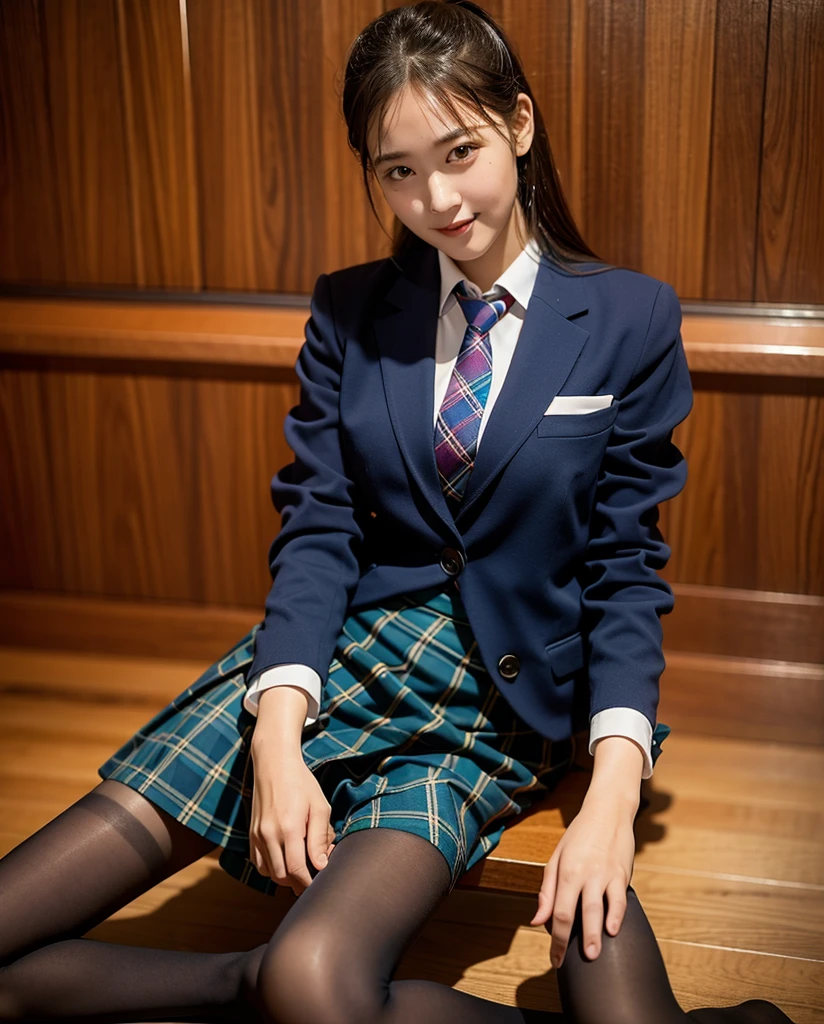 (8k), (highest quality: 1.2), (Realistic), (Realistic: 1.37), Ultra-high resolution, (1 girl), cute, smile, Mouth closed, Beautiful details, Beautiful Nose, Wet Hair, Giant Dulcefo, pork, Thighs，Self Snap,University uniform,A simple blazer,Pleated skirt,(The skirt and tie are tartan checked.....:1.3),(Sitting:1), Sit on the ground,(Hug my feet:1),Opaque tights,from the front