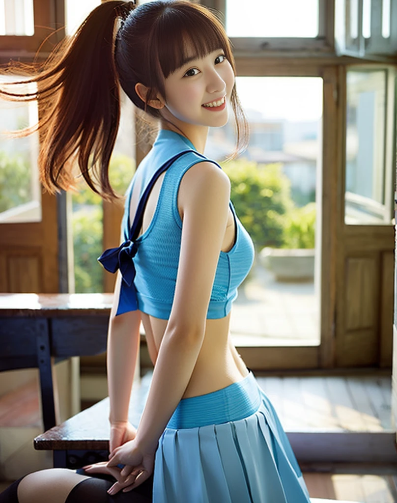 (8k、Raw photo、highest quality、masterpiece:1.2)、(Realistic、Photorealistic:1.37)、Ultra-detailed、超A high resolution、1 girl、Seeing the viewer、Beautifully detailed face、Laughter、narrow、(Narrow waist) :1.3)、Beautifully detailed skin、Skin Texture、Floating Hair、Professional Lighting、Human whole body、Long Hair、Blonde、High booking 、Sailor suit、classroom、Bob Hair、E cup breasts、Dark blue socks、15-year-old student、high school student、Smile