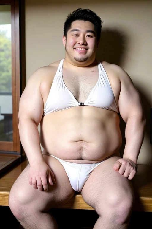 ((highest quality)), ((masterpiece)), (detailed), Perfect Face、Shaved head、Young Japanese、Muscular、Fat body、Big guy、smile、white small swimsuit、Emphasize the chest、Thick legs、Thick arms