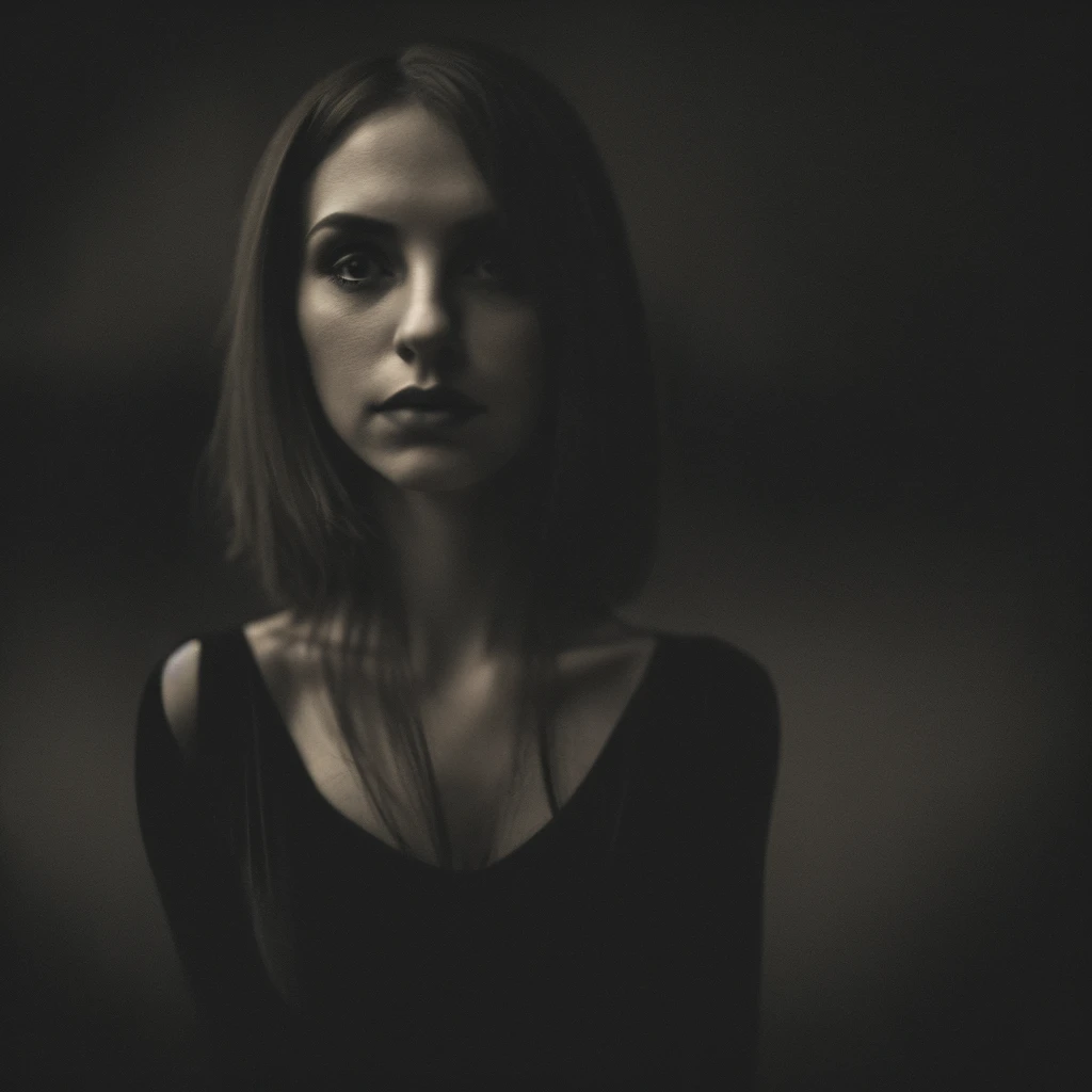 woman in a dark and morbid photo in the style of Matt Mahurin, shallow depth of field, photography style, bokeh, realism, good proportions