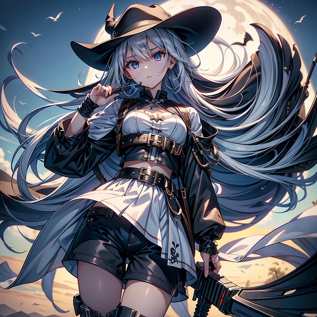 highest quality、Masterpiece、Official Art、The best composition、Western Hat、Western Boots、White bustier、hot pants、Gun hanging from waist、Wind、deep focus,absurdres、detailed eyes and face、minaba hideo、 Grim Reaper's Scythe、Future flying vehicleilky white hair with blue inner color、