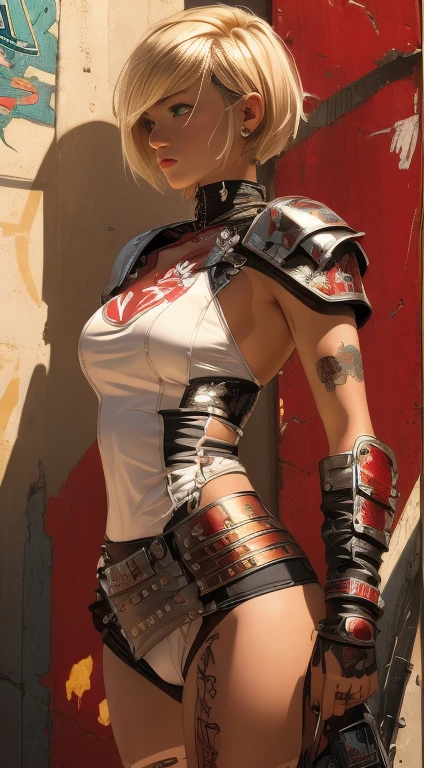 ((top-quality、8K、32K、​masterpiece、nffsw:1.3)), (superfine illustration)、(超A high resolution), (((adult body))), (((1girl in))), ((( Bob Shorthair ))), 25-year-old cyberpunk gladiator with a perfect body, Shoulder pads with metal spines, Gladiadores in Brooklyn, (( Bob Shorthair )), Small leather panties, Torn rugby team shirt, Almost naked in Simon Bisley's urban savage style, short blond hair, Minimum clothing, Metal protection on the left arm with complex graphics, Dark red with white stars and blue and white stripes, s Armor, Full of tips and rivets, Poison tattoo (((Image from the knee up))), short white blonde hair, In the background、 There is a wall with an intricate design painted by Shepard Fairey