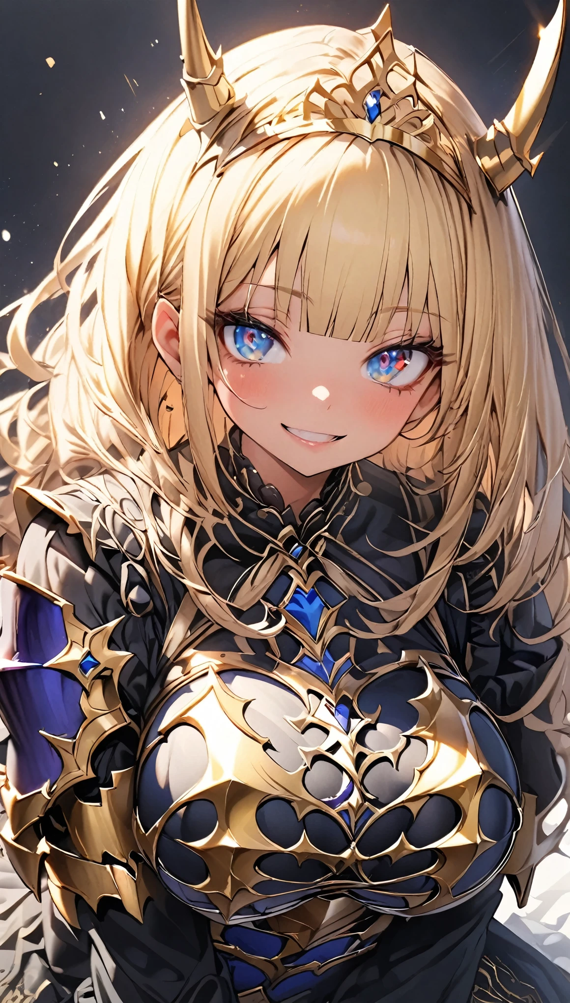 masterpiece, best quality, extremely detailed, high resolution, Japanese anime,1girl, blond hair, (medium length hair:1.5), wavy hair, mechanical wing, (blue eyes:1.5), (beautiful detailed eyes:1.4), laugh, 12 years old, 130cm tall, (huge breasts:1.1), (mechanical horn:1.5), original character, fantasy, (black background:1.1), (full body:1.8), beautiful fingers, standing, (black gold lace frill armor dress:1.5), (mechanical headgear:1.5) , shoot from front, looking at viewer