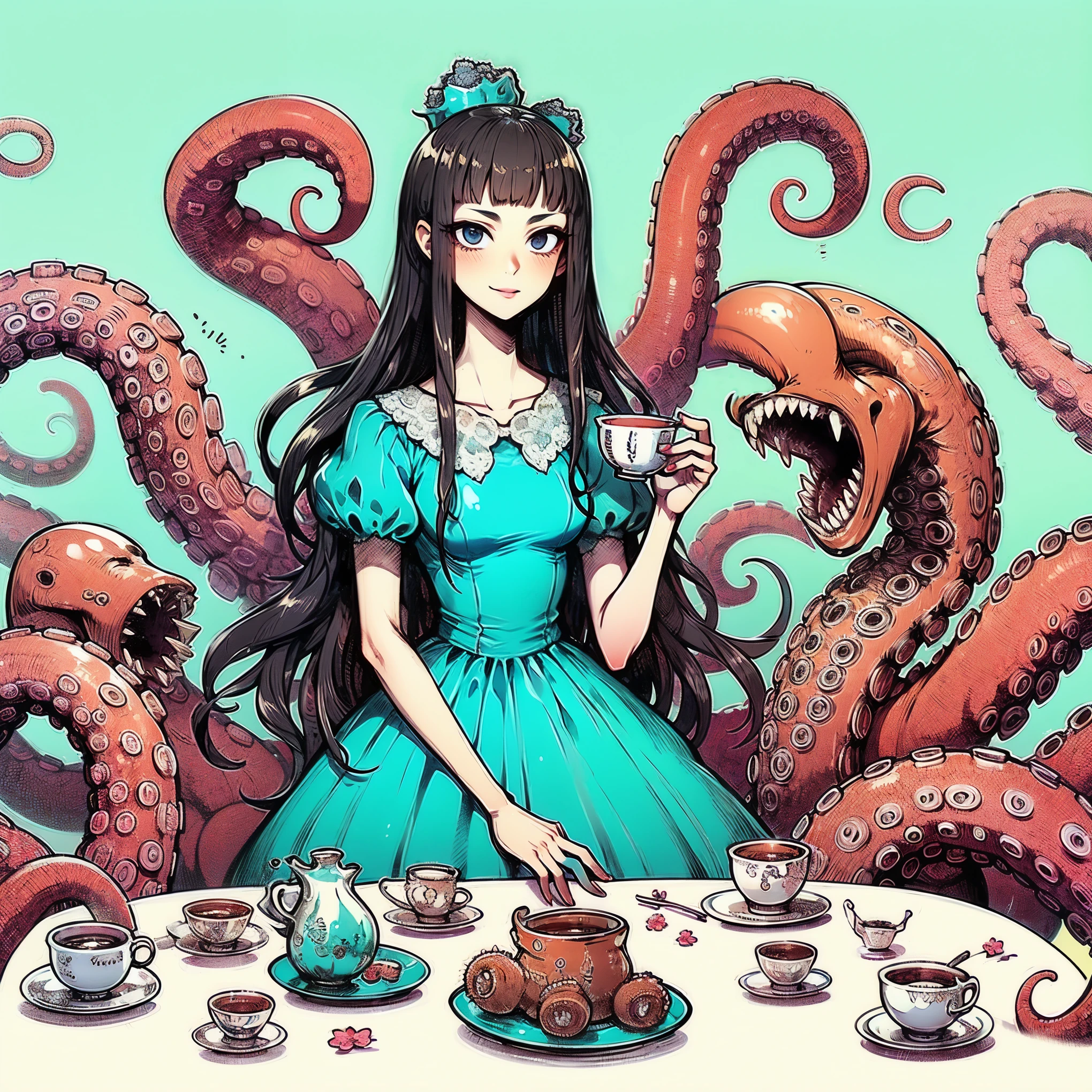 A girl with tentacles. dress. Tea party. tentacles have mouths.