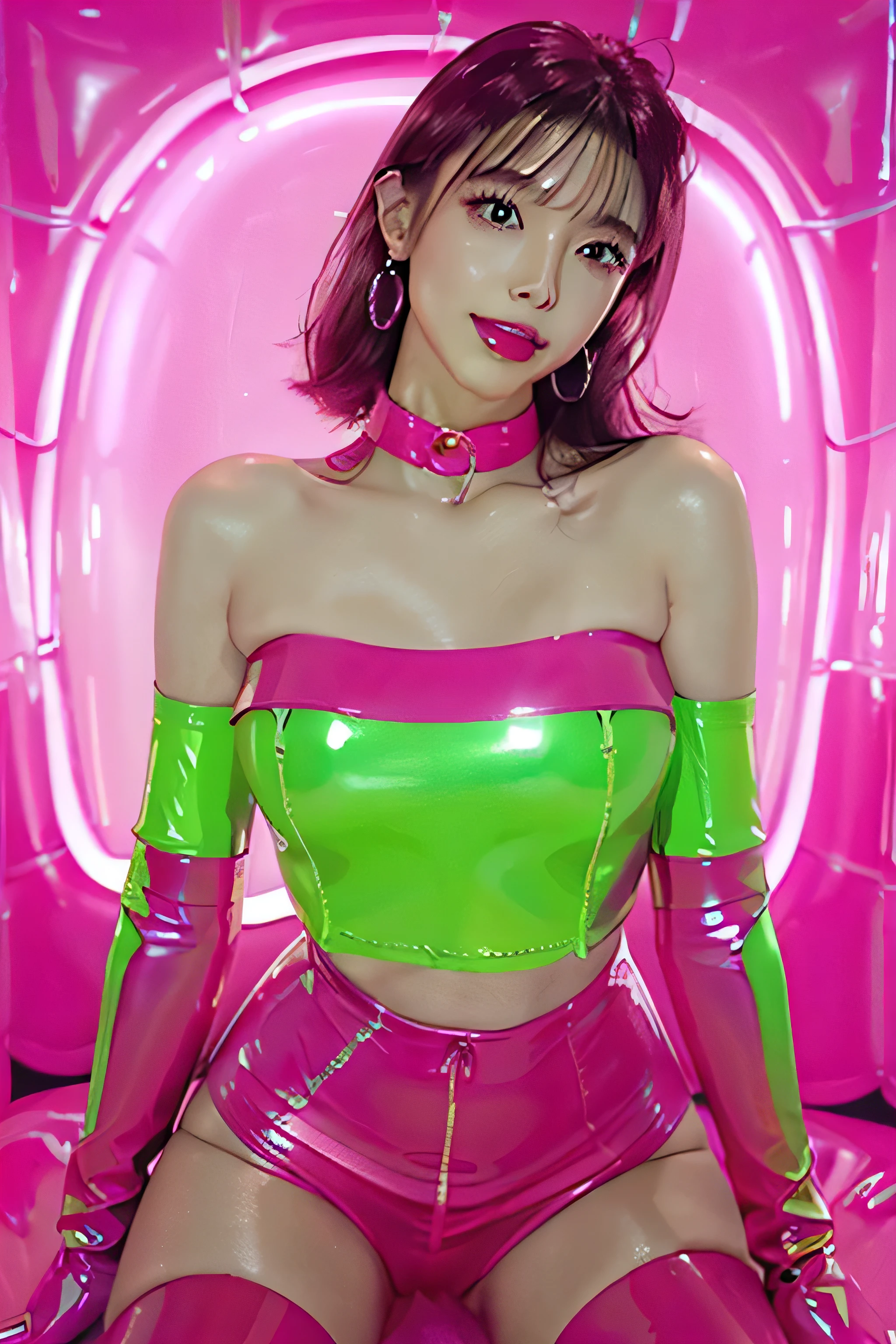 Female Idols、Sleeping in bed、Very large shiny earrings（Neon Hot Pink)、Very large shiny necklace（Neon Hot Pink)、((Shiny glossy latex long gloves（Neon Hot Pink)))、((Shiny glossy latex tight choker（Neon Hot Pink)))、((Tight strapless top in shiny glossy latex（Neon Hot Pink)))、((Shiny glossy latex tight mini skirt