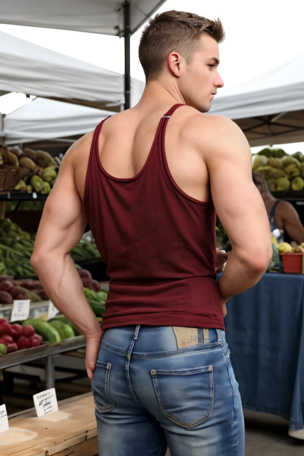 JordanBrandt, wearing a tank top and jeans, at the farmers market, backside 