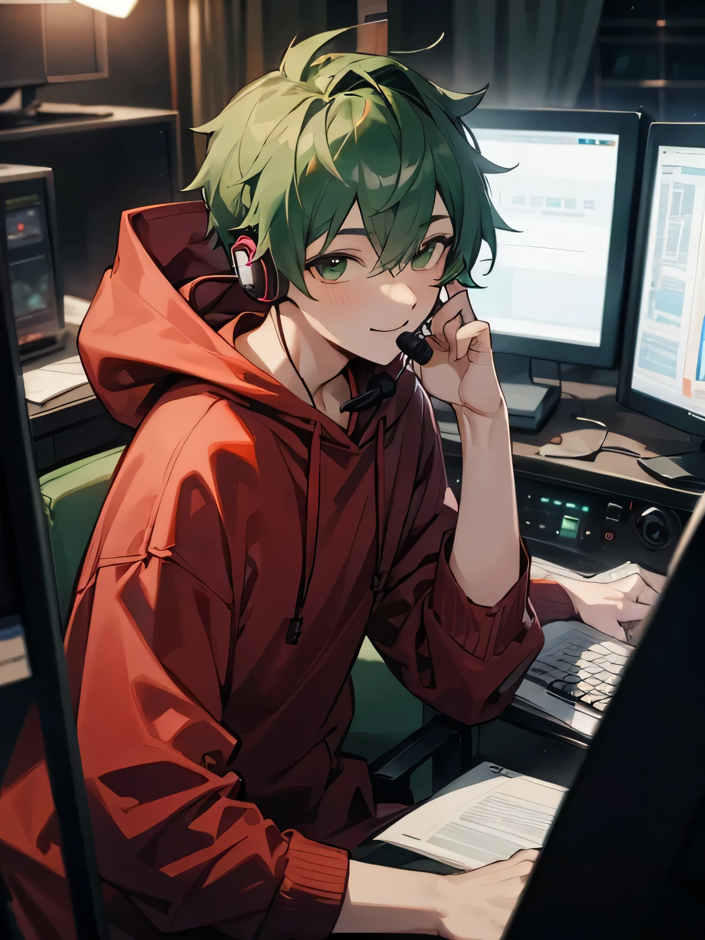 1 adult male, radio broadcasting, microphone arm, headset, on air, dark green hair, wine red hoodie, smile
