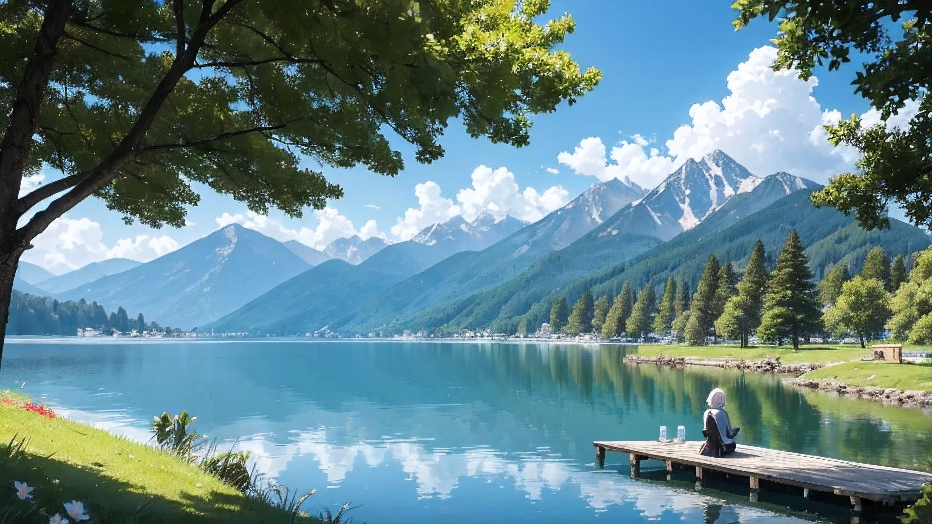 Create an anime-style image of a tranquil mountain lake surrounded by towering peaks. The lake should be crystal clear, reflecting the majestic mountains and the blue sky dotted with fluffy white clouds. The shoreline should be adorned with a mix of pine trees and blooming wildflowers in vibrant colors. Include a small wooden dock extending into the water with a couple of anime characters sitting at the edge, perhaps fishing or simply enjoying the view. Birds should be flying overhead, and a gentle breeze should be implied by the slight movement of leaves and grass. The scene should evoke a sense of peace, beauty, and connection with nature.