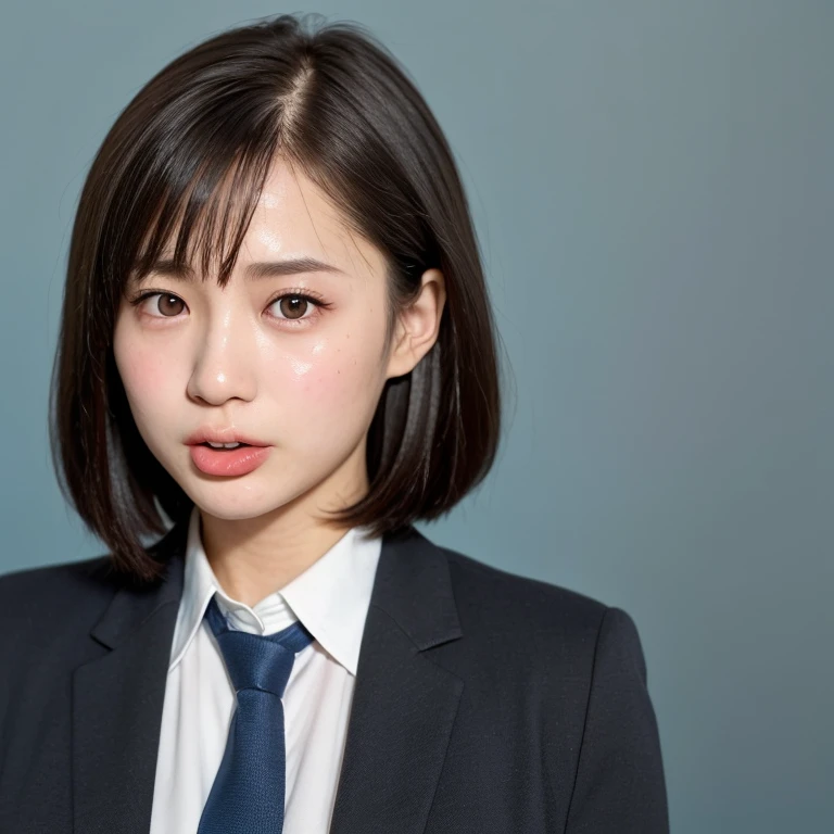 NSFW, (kawaii 24 year-old Japanese girl, Nogizaka idol, Korean idol), (glossy hair, very short hair, bangs:1.3), (beautiful black eyes, rounded face, single eyelid, no makeup:1.4), (noseblush, empty eyes, sticking her tongue:1.5), (cum to face, semen on the tongue, bukkake:1.5), (wearing suit jacket, collared shirt, necktie:1.3), (extra small breasts:0.9), BREAK, (simple blue background:1.3), (view from forward, bust shot:1.3), BREAK, (masterpiece, best quality, photo realistic, official art:1.4), (UHD, 8K quality wallpaper, high resolution, raw photo, golden ratio:1.3), (shiny skin), professional lighting, physically based rendering, award winning, (highly detailed skin, extremely detailed face and eyes), Carl Zeiss 85 mm F/1.4, depth of field, (1girl, solo:1.3),