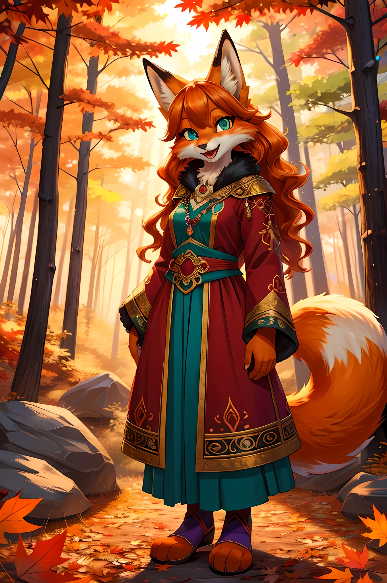 bright colors, fantasy style art, looking at viewer, facing viewer, beautiful anthropomorphic female fox, mature and young, tall character, 5 feet 11 inches tall, fluffy fox fur, furry fluffy skin, fox paws, fox feet, teal eyes, orange fur, orange skin, orange fox paws, orange fox feet, long wavy bright orange hair, shapely body, skinny body, healthy body, purple and red warrior outfit, ornate red clothes, fancy purple patterns and symbols, 2 red dress coattails hanging down her sides, long draping red sleeves, long fluffy fox tail, standing in a lush fantasy forest, green and orange and red and yellow trees, in the fall, beautiful fall forest, autumn, thick forest, sunlight coming through the trees, smiling happily, excited expression, wide eyes, large smile open mouth, high quality digital art, 2k, professional illustration, highly detailed