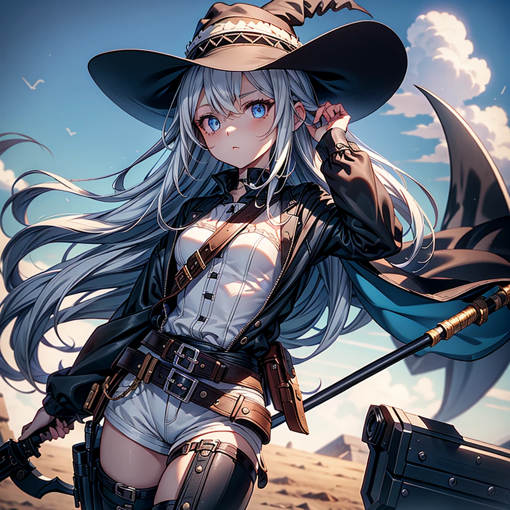 highest quality、Masterpiece、Official Art、The best composition、Western Hat、Western Boots、White bustier、hot pants、Gun hanging from waist、Wind、deep focus,absurdres、detailed eyes and face、minaba hideo、 Grim Reaper's Scythe、Future flying vehicleilky white hair with blue inner color、